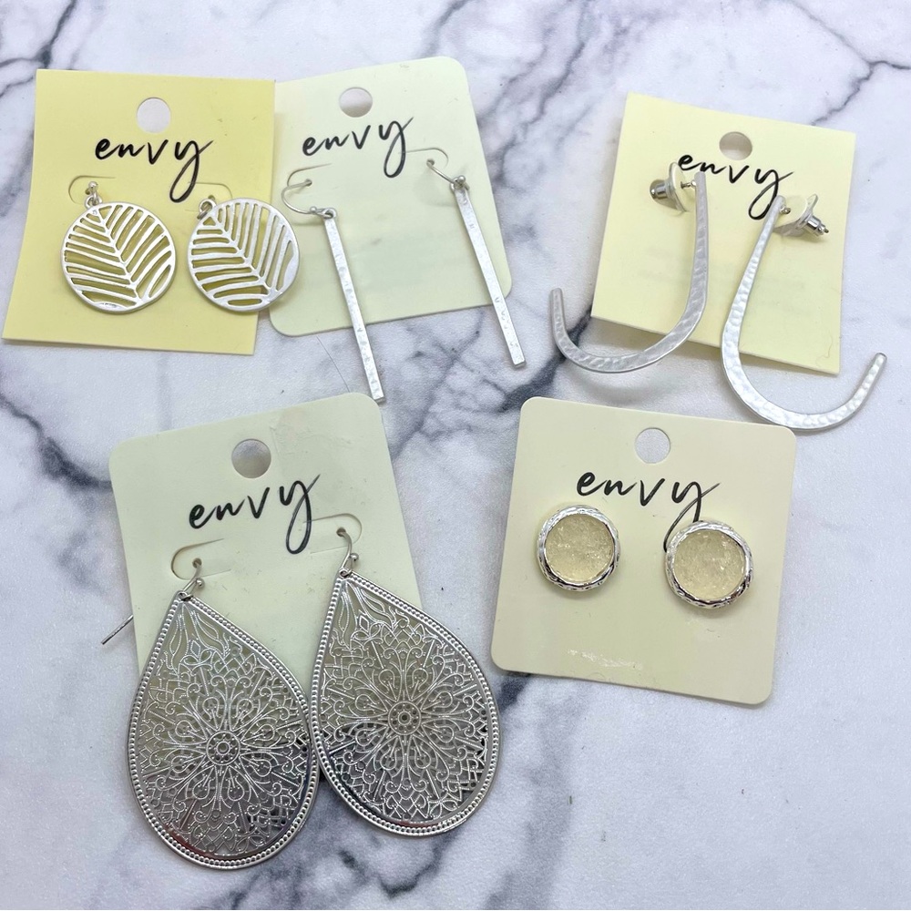 5 Pairs Envy Silver Tone Earrings NEW Dangle Drop Botanical